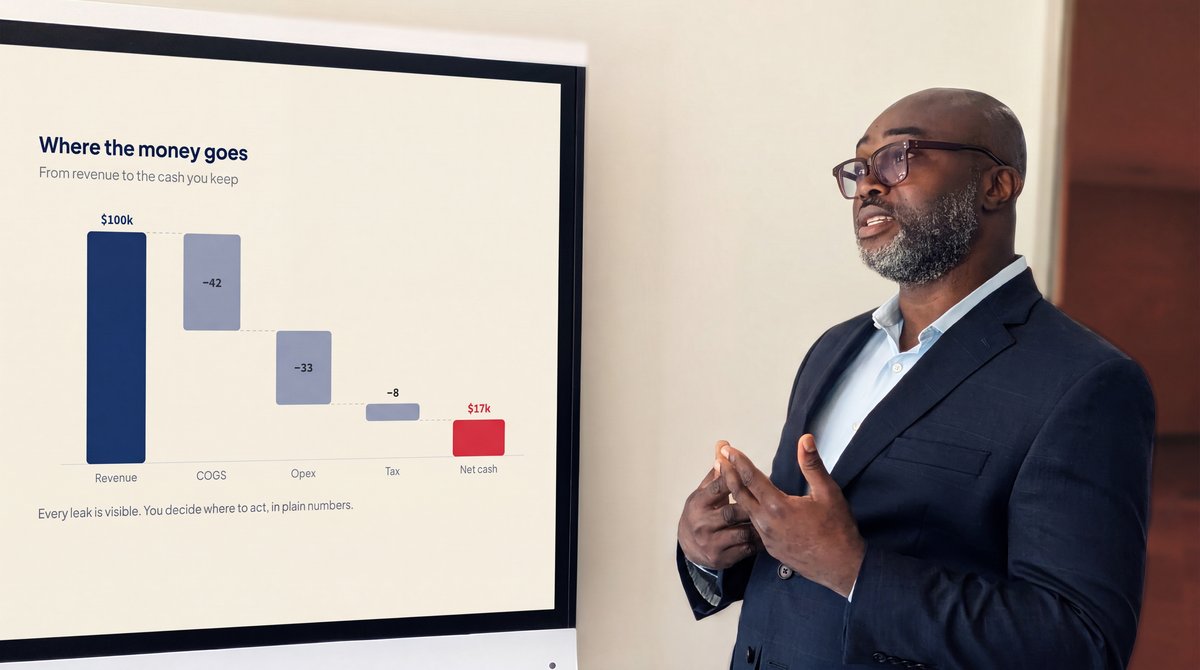 Gideon Adedokun teaching in front of a screen showing a cash-flow waterfall chart