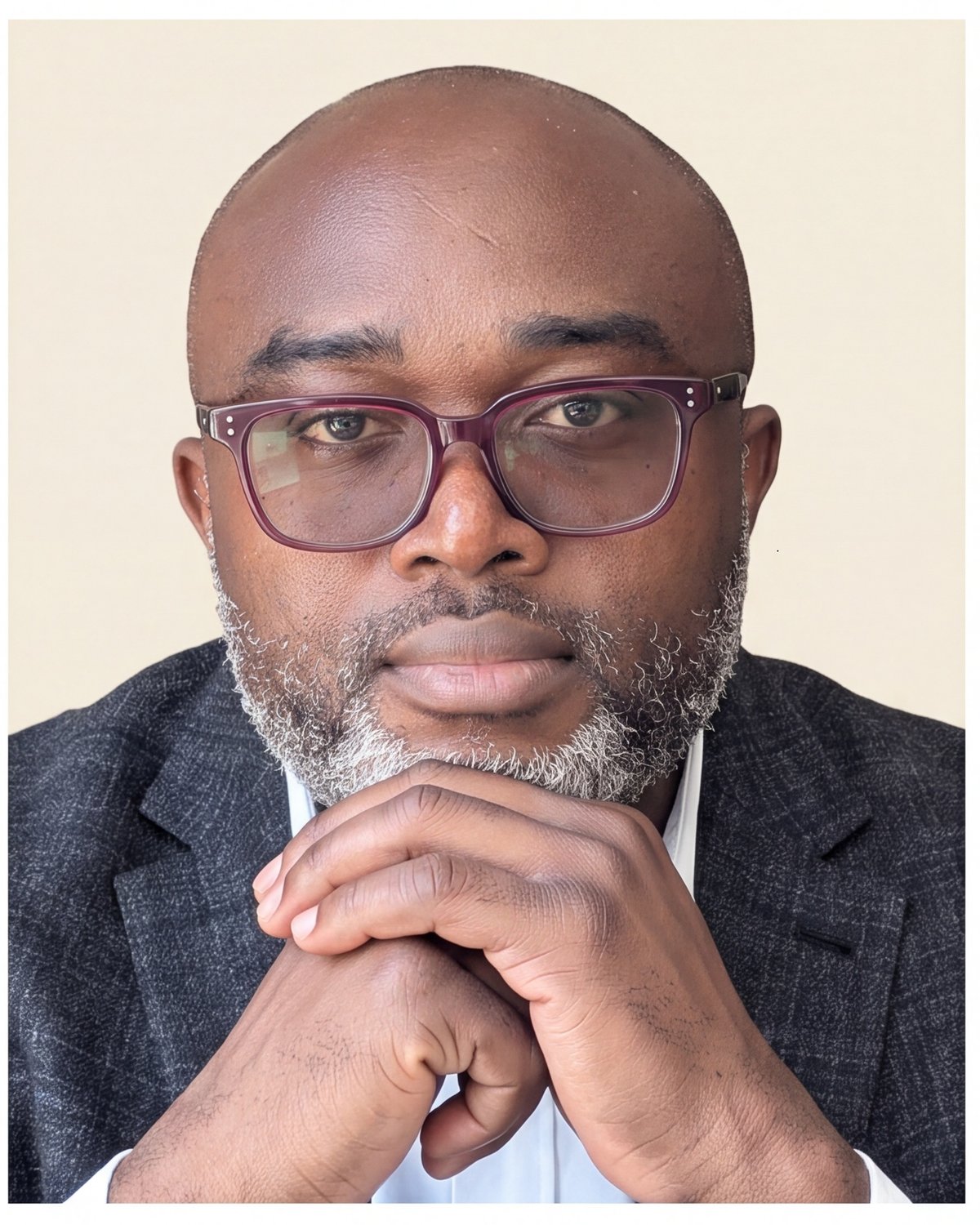 Gideon Adedokun, hands clasped at his chin, looking at the camera in thought